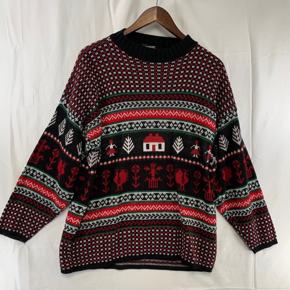 Huntington Ridge Other - VTG Huntington Ridge Sweater Mens L Black Red Nordic Folk Art Novelty Knit USA